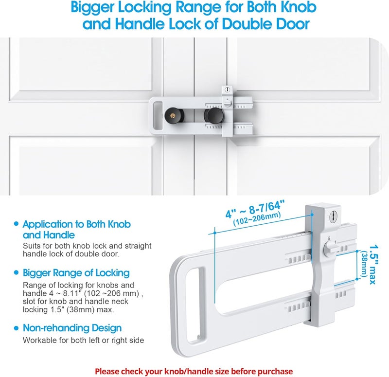 AST Double Door Lockout Device, French Door Reinforcement Lock with 3 Keys, Lockout to Double Door Knobset and Handleset, Childproof Door Lock, Premium Version (Matte White with Keyed Differ) - Image 3